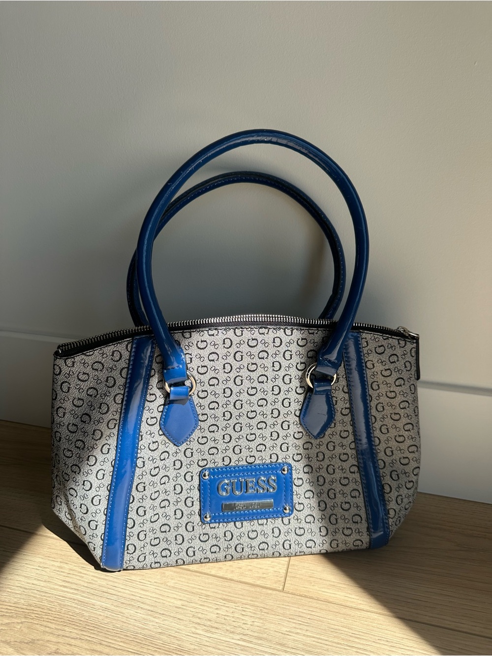 Vintage GUESS Y2K Silver Monogram Blue Patent Tote Bag